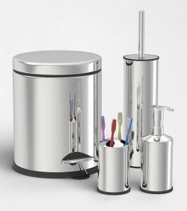 Zethome Krom Dörtlü Banyo Seti (Çöp Kovası-Fırça-Sabunluk-Diş Fırçalık)