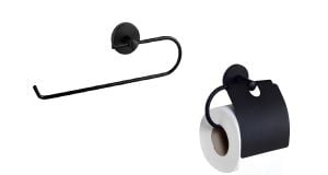 Paslanmaz Duvara Monte Banyo Solo Açık Kağıt Havluluk Kapaklı Kağıtlık Seti Siyah