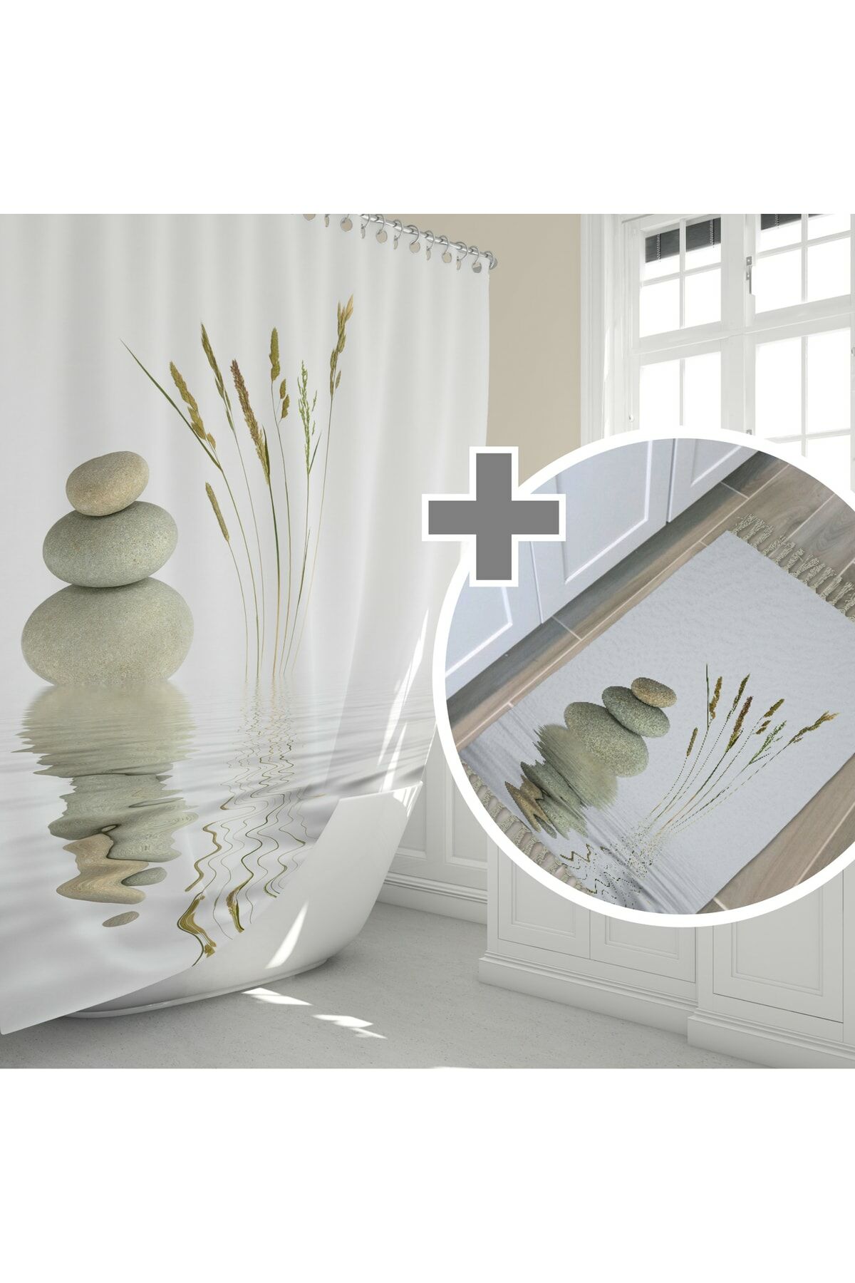 Banyo Paspas Ve Tek Kanat Duş Perdesi 1x120x200 Set Banyo Halısı Stone And Reed
