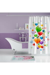 Banyo Paspas Ve Tek Kanat Duş Perdesi 1x180x200 Set Banyo Halısı Heart Ballons