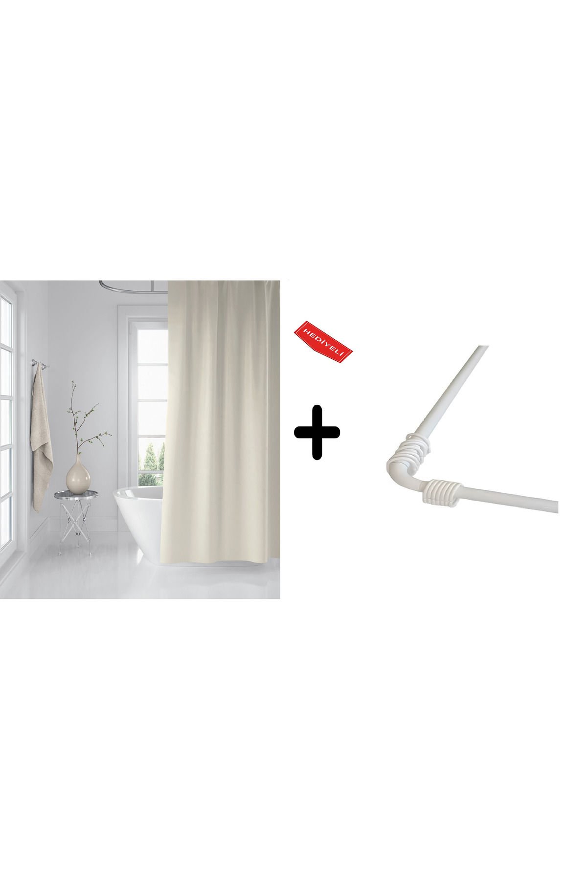 Banyo Perdesi Krem 1x180x200, Perde Borusu Askı Aparatı Köşe Boru Beyaz Hediyeli, Duş Perdesi Seti