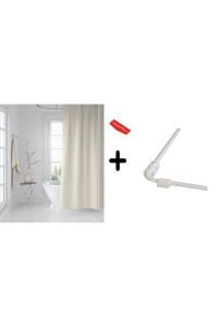 Banyo Perdesi Krem 1x180x200, Perde Borusu Askı Aparatı Köşe Boru Beyaz Hediyeli, Duş Perdesi Seti