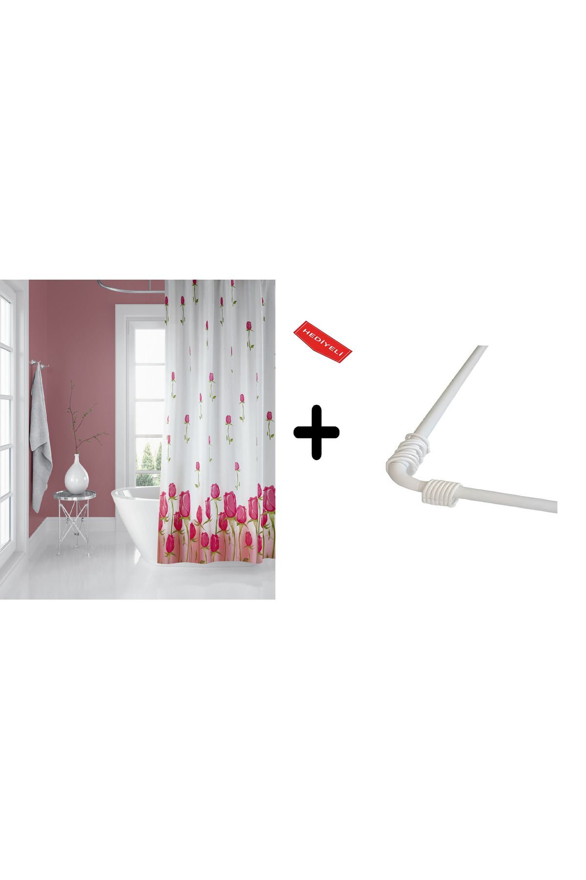 Banyo Perdesi 7017 1x180x200, Perde Borusu Askı Aparatı Köşe Boru Beyaz Hediyeli, Duş Perdesi Seti