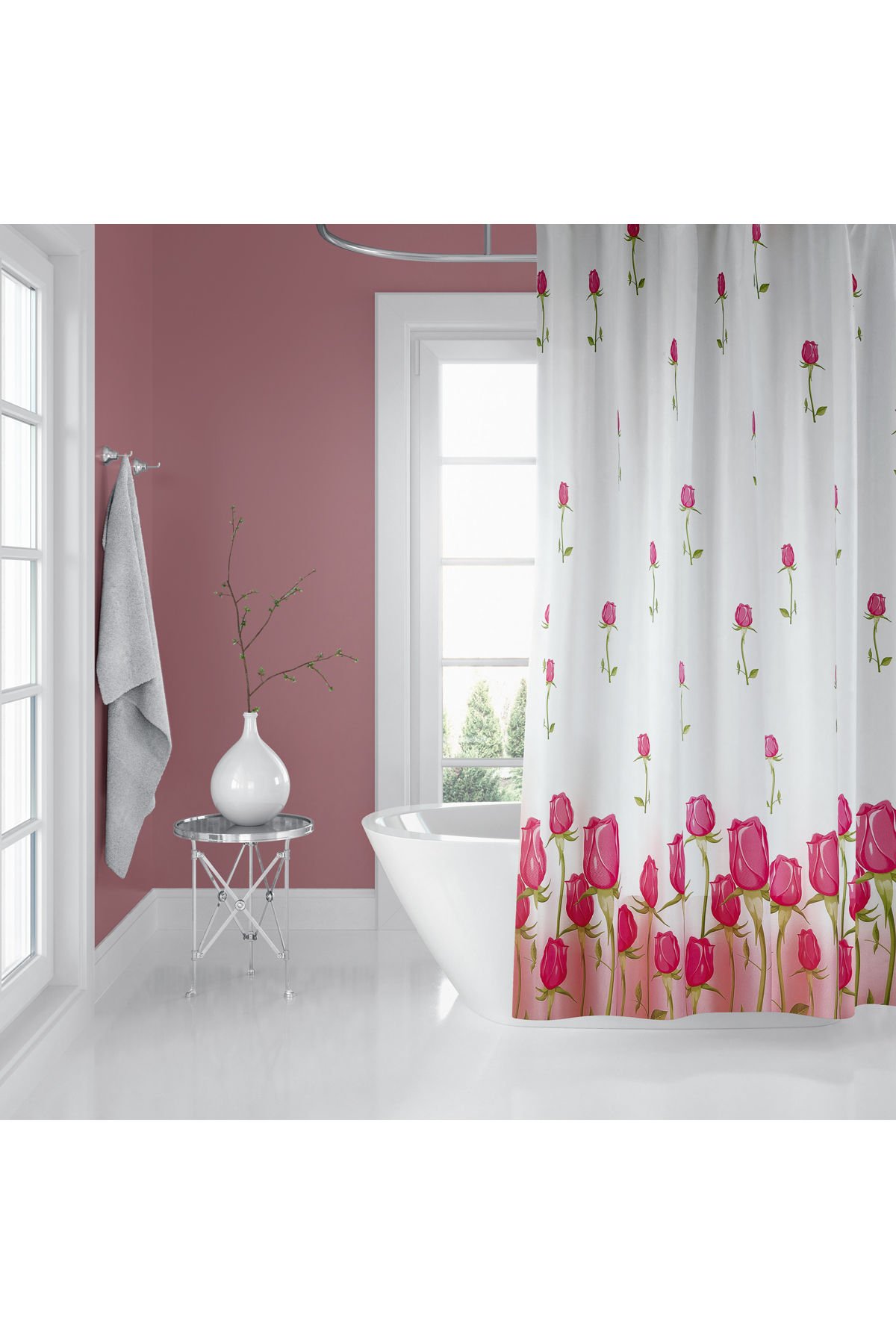 Banyo Perdesi 7017 1x180x200, Perde Borusu Askı Aparatı Köşe Boru Beyaz Hediyeli, Duş Perdesi Seti