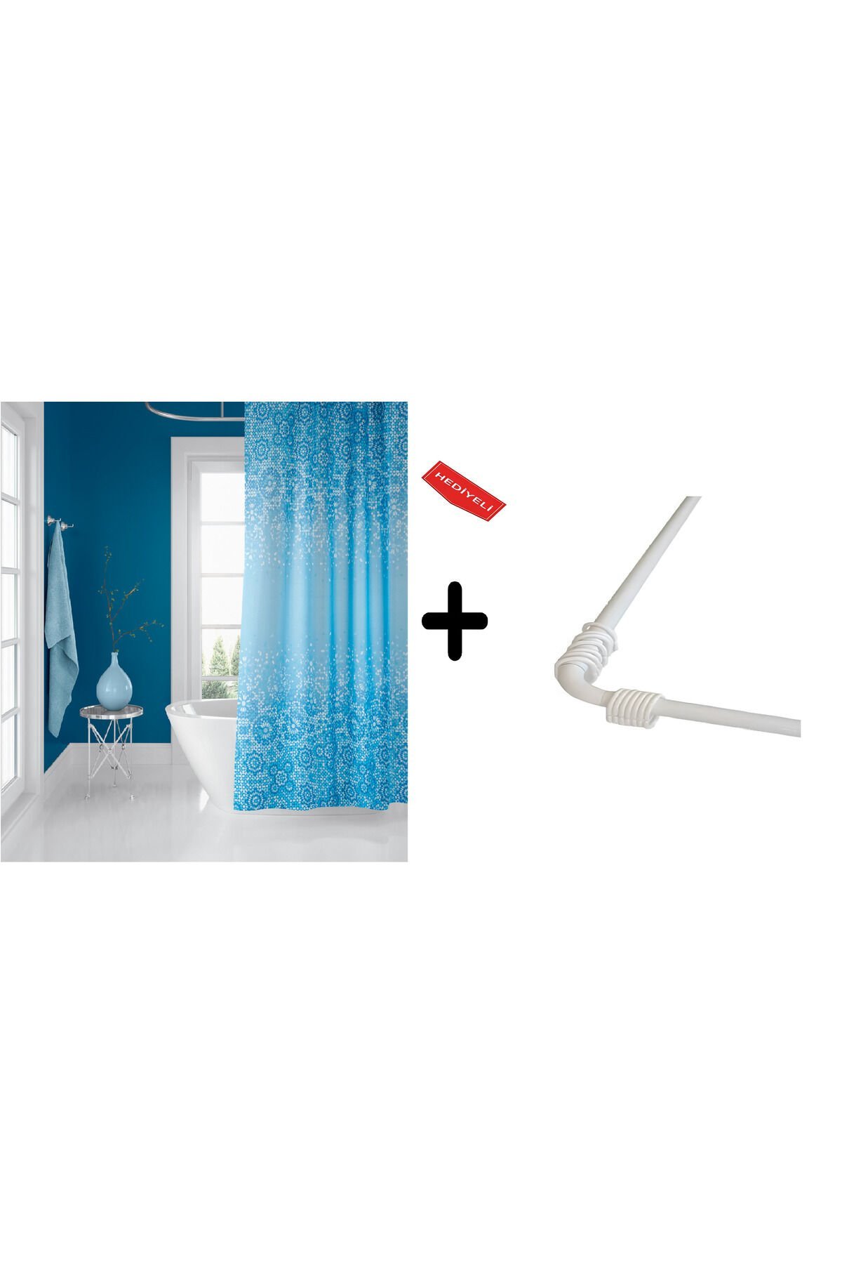 Banyo Perdesi 6303 1x180x200, Perde Borusu Askı Aparatı Köşe Boru Beyaz Hediyeli, Duş Perdesi Seti
