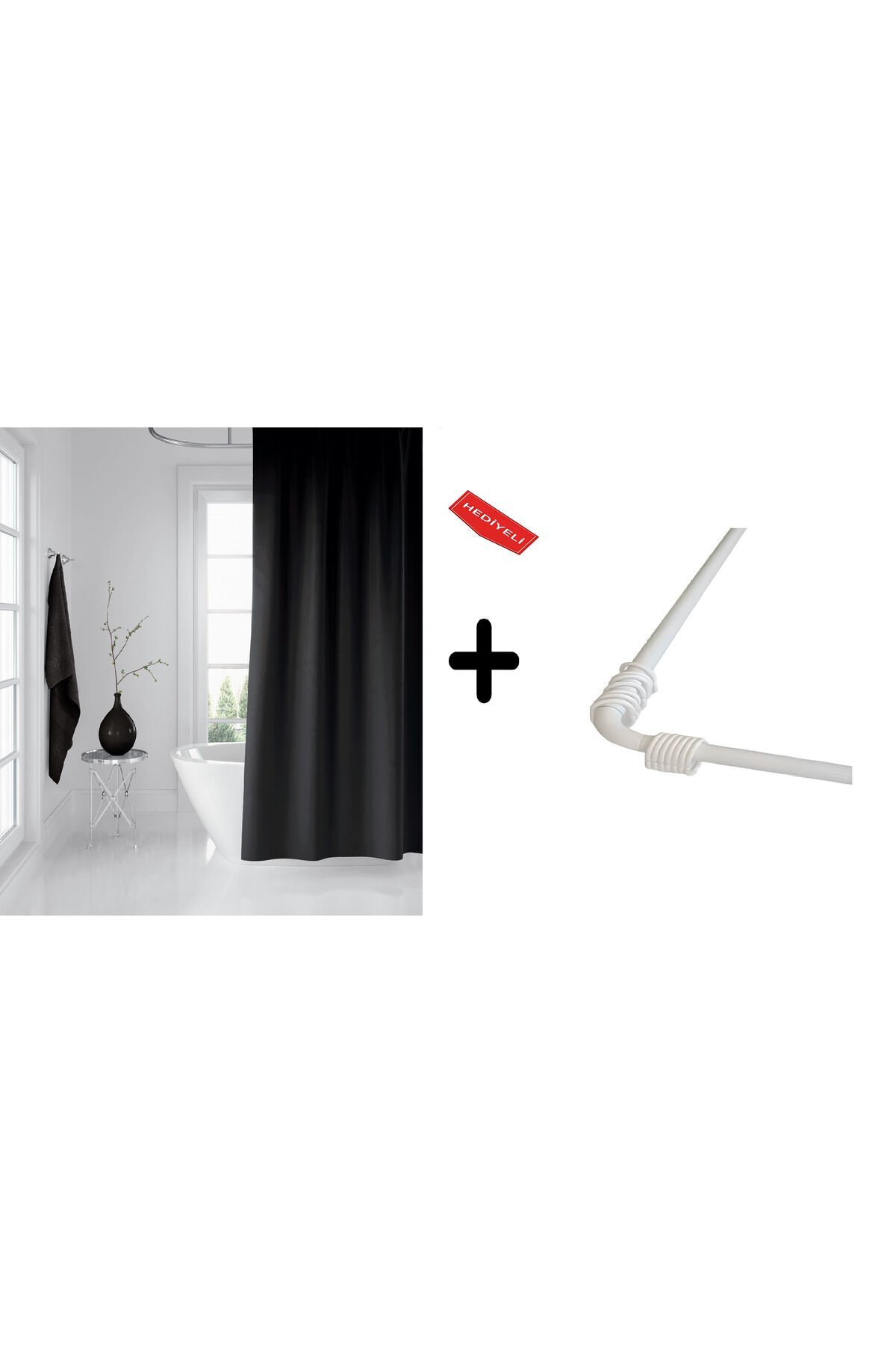 Banyo Perdesi Siyah 1x180x200, Perde Borusu Askı Aparatı Köşe Boru Beyaz Hediyeli, Duş Perdesi Seti