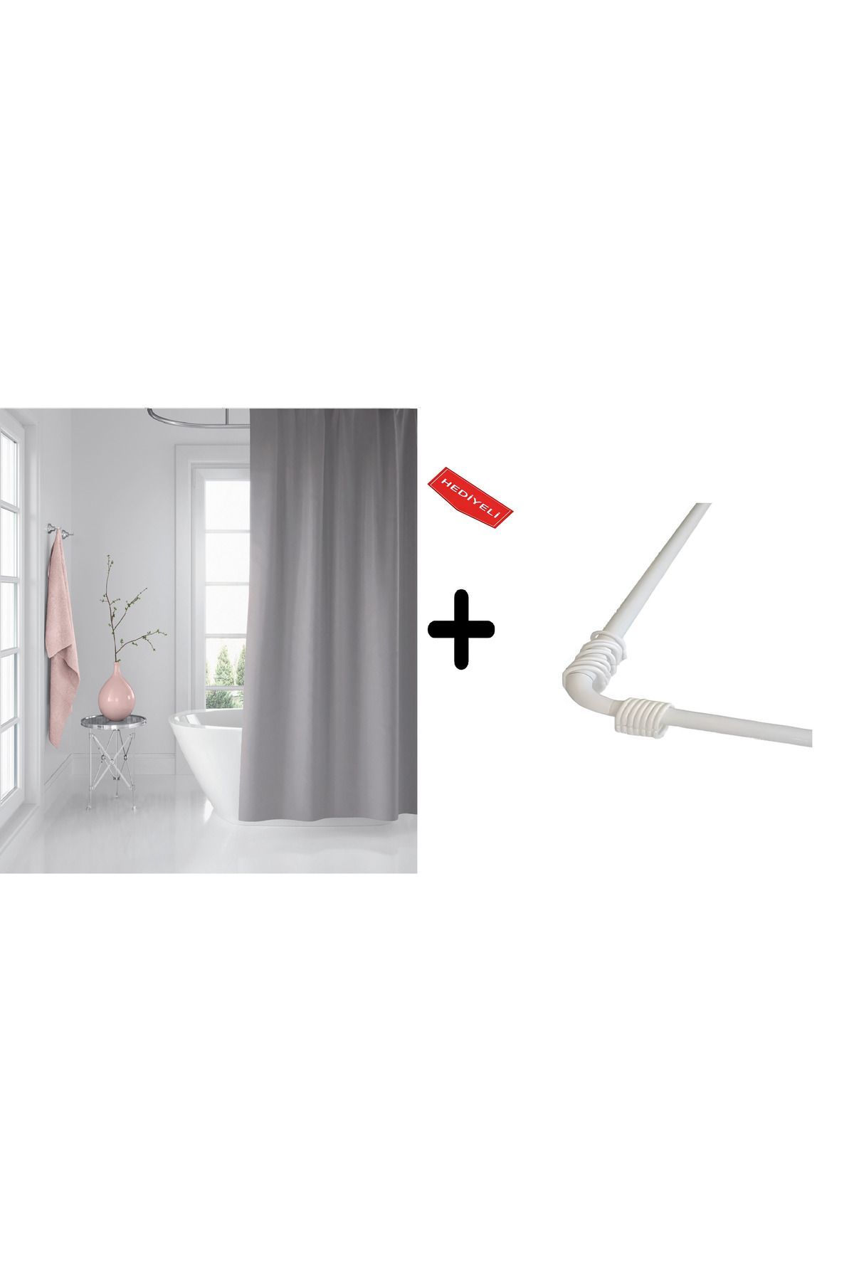 Banyo Perdesi Gri 1x180x200, Perde Borusu Askı Aparatı Köşe Boru Beyaz Hediyeli, Duş Perdesi Seti