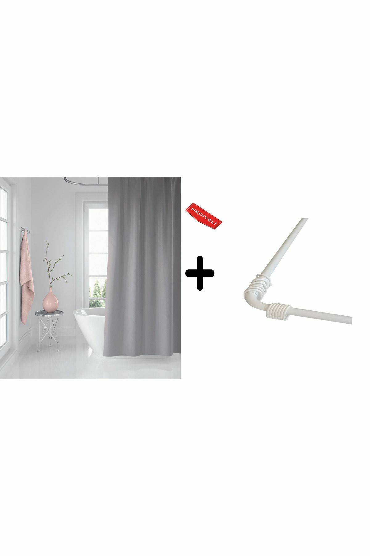 Banyo Perdesi Gri 1x180x200, Perde Borusu Askı Aparatı Köşe Boru Beyaz Hediyeli, Duş Perdesi Seti