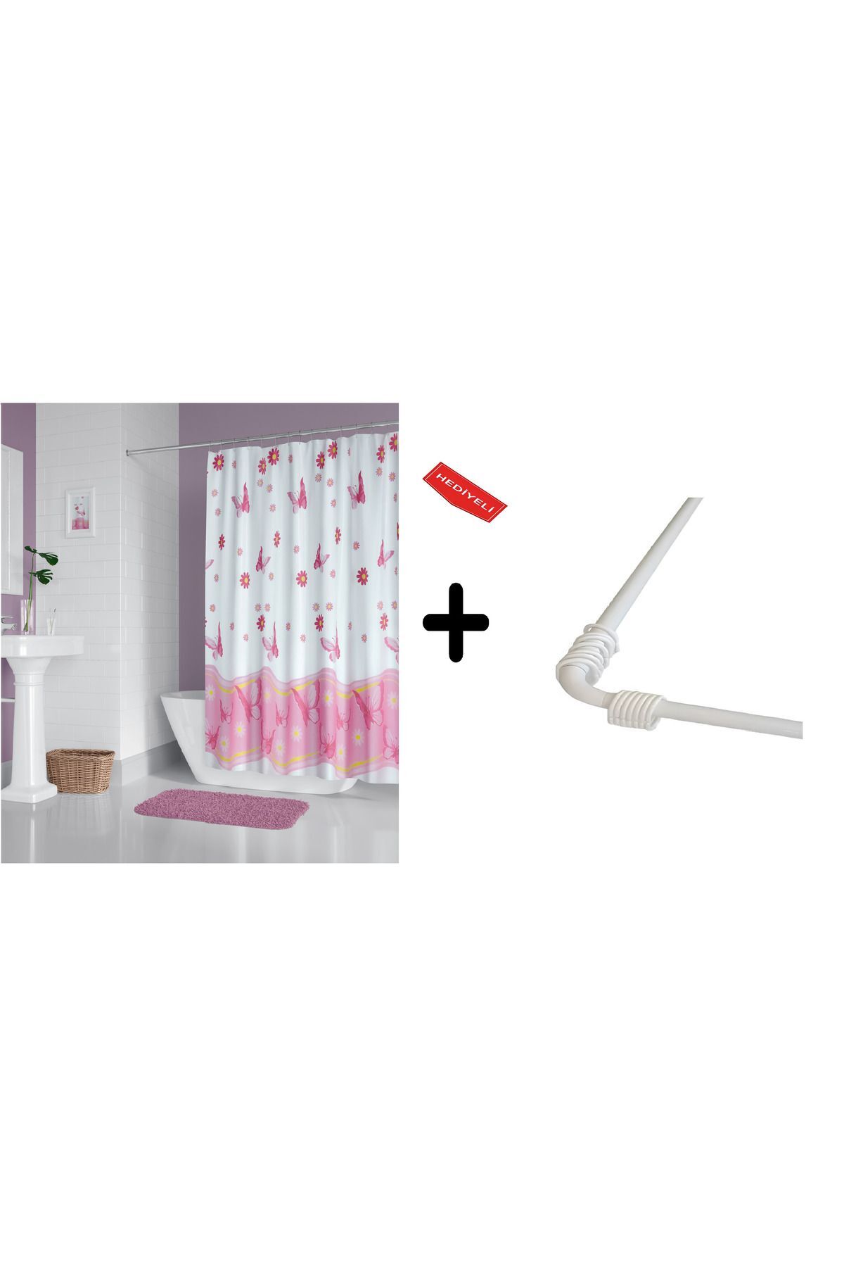 Zethome Banyo Perdesi 6020 1x180x200, Perde Borusu Askı Aparatı Köşe Boru Beyaz Hediyeli, Duş Perdesi Seti