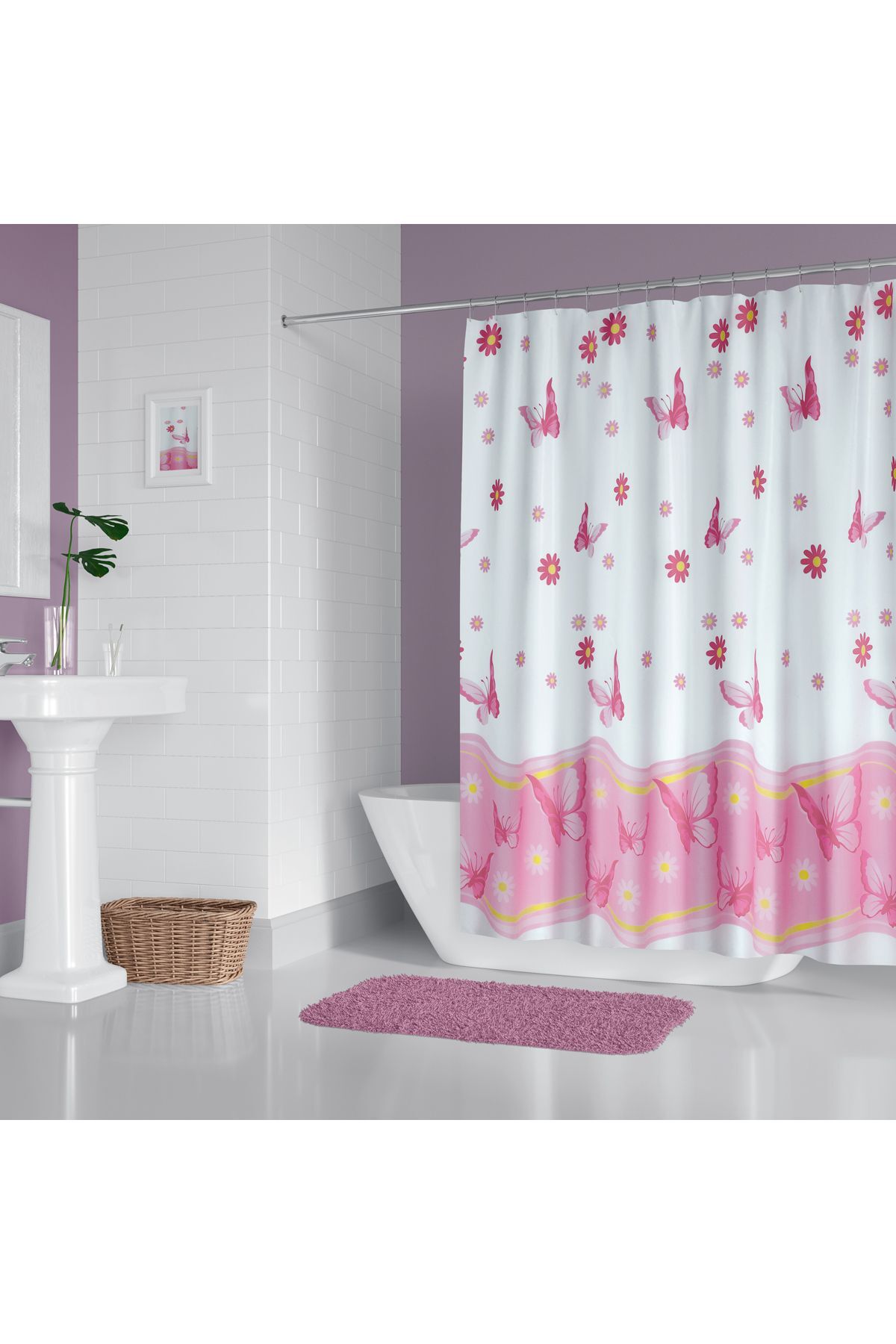 Zethome Banyo Perdesi 6020 1x180x200, Perde Borusu Askı Aparatı Köşe Boru Beyaz Hediyeli, Duş Perdesi Seti