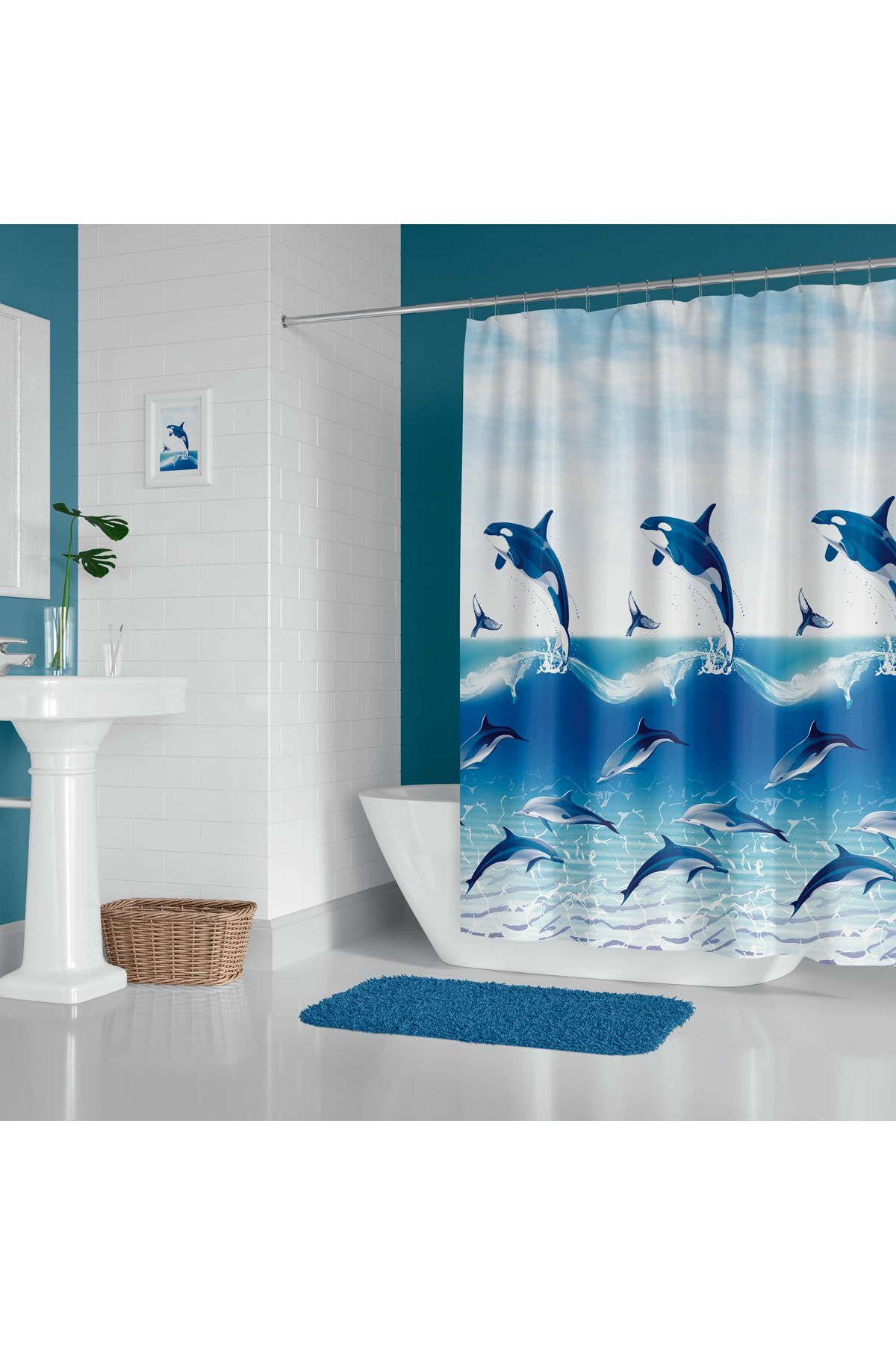 Zethome Banyo Perdesi 9515 1x180x200, Perde Borusu Askı Aparatı Köşe Boru Beyaz Hediyeli, Duş Perdesi Seti