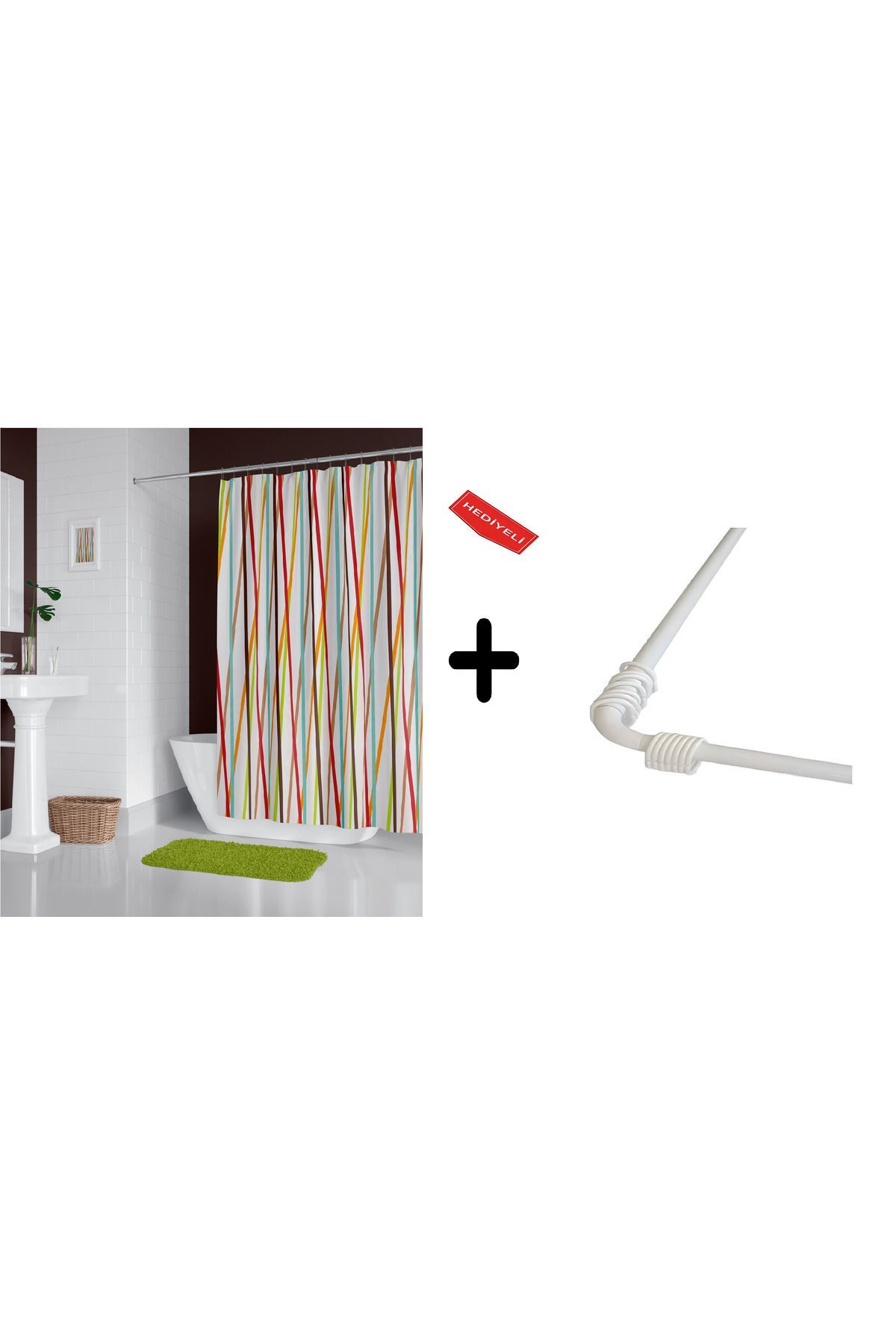 Zethome Banyo Perdesi 6710 1x180x200, Perde Borusu Askı Aparatı Köşe Boru Beyaz Hediyeli, Duş Perdesi Seti