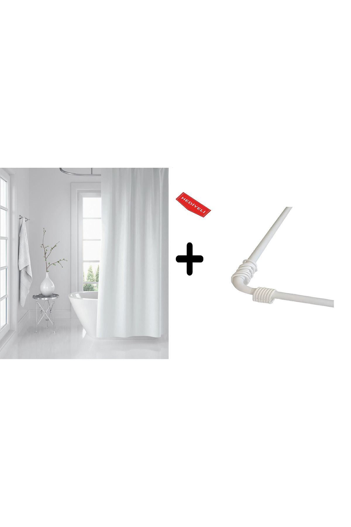 Banyo Perdesi Beyaz 1x180x200, Perde Borusu Askı Aparatı Köşe Boru Beyaz Hediyeli, Duş Perdesi Seti