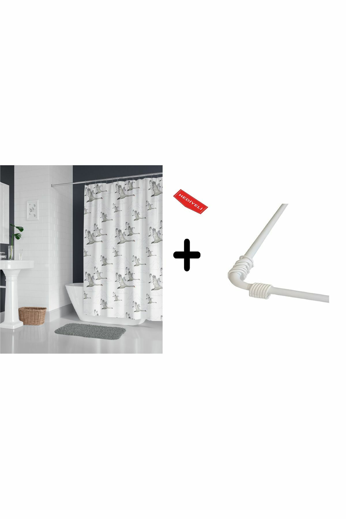 Banyo Perdesi 6771 1x180x200, Perde Borusu Askı Aparatı Köşe Boru Beyaz Hediyeli, Duş Perdesi Seti