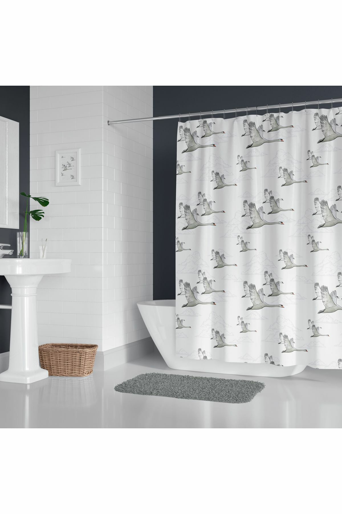 Banyo Perdesi 6771 1x180x200, Perde Borusu Askı Aparatı Köşe Boru Beyaz Hediyeli, Duş Perdesi Seti
