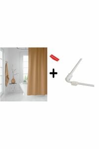 Banyo Perdesi Bej 1x180x200, Perde Borusu Askı Aparatı Köşe Boru Beyaz Hediyeli, Duş Perdesi Seti