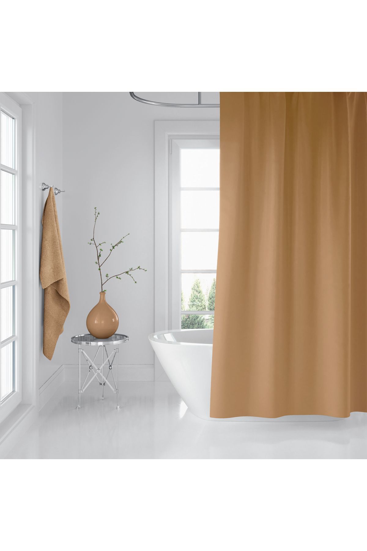 Banyo Perdesi Bej 1x180x200, Perde Borusu Askı Aparatı Köşe Boru Beyaz Hediyeli, Duş Perdesi Seti