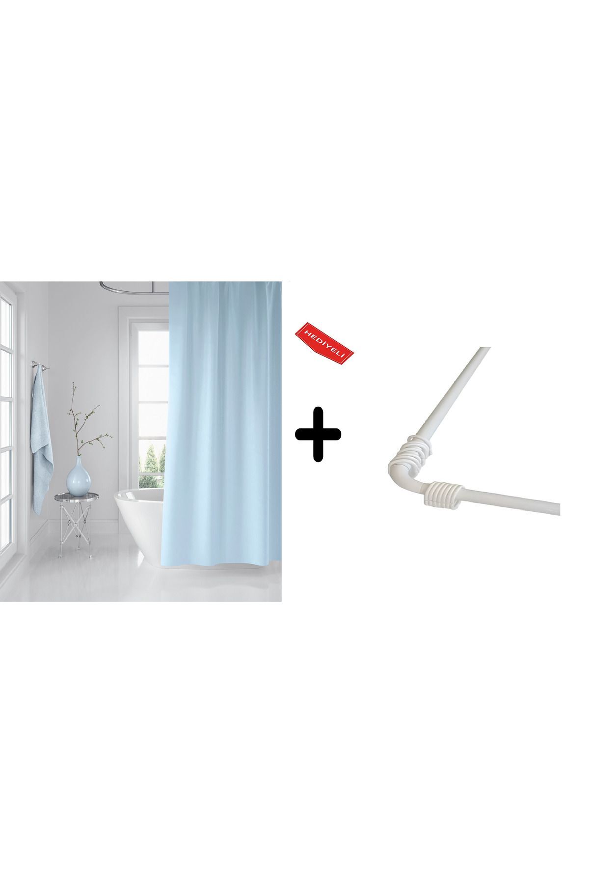 Banyo Perdesi Mavi 1x180x200, Perde Borusu Askı Aparatı Köşe Boru Beyaz Hediyeli, Duş Perdesi Seti