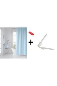 Banyo Perdesi Mavi 1x180x200, Perde Borusu Askı Aparatı Köşe Boru Beyaz Hediyeli, Duş Perdesi Seti