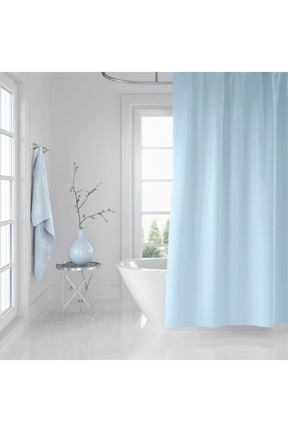 Banyo Perdesi Mavi 1x180x200, Perde Borusu Askı Aparatı Köşe Boru Beyaz Hediyeli, Duş Perdesi Seti