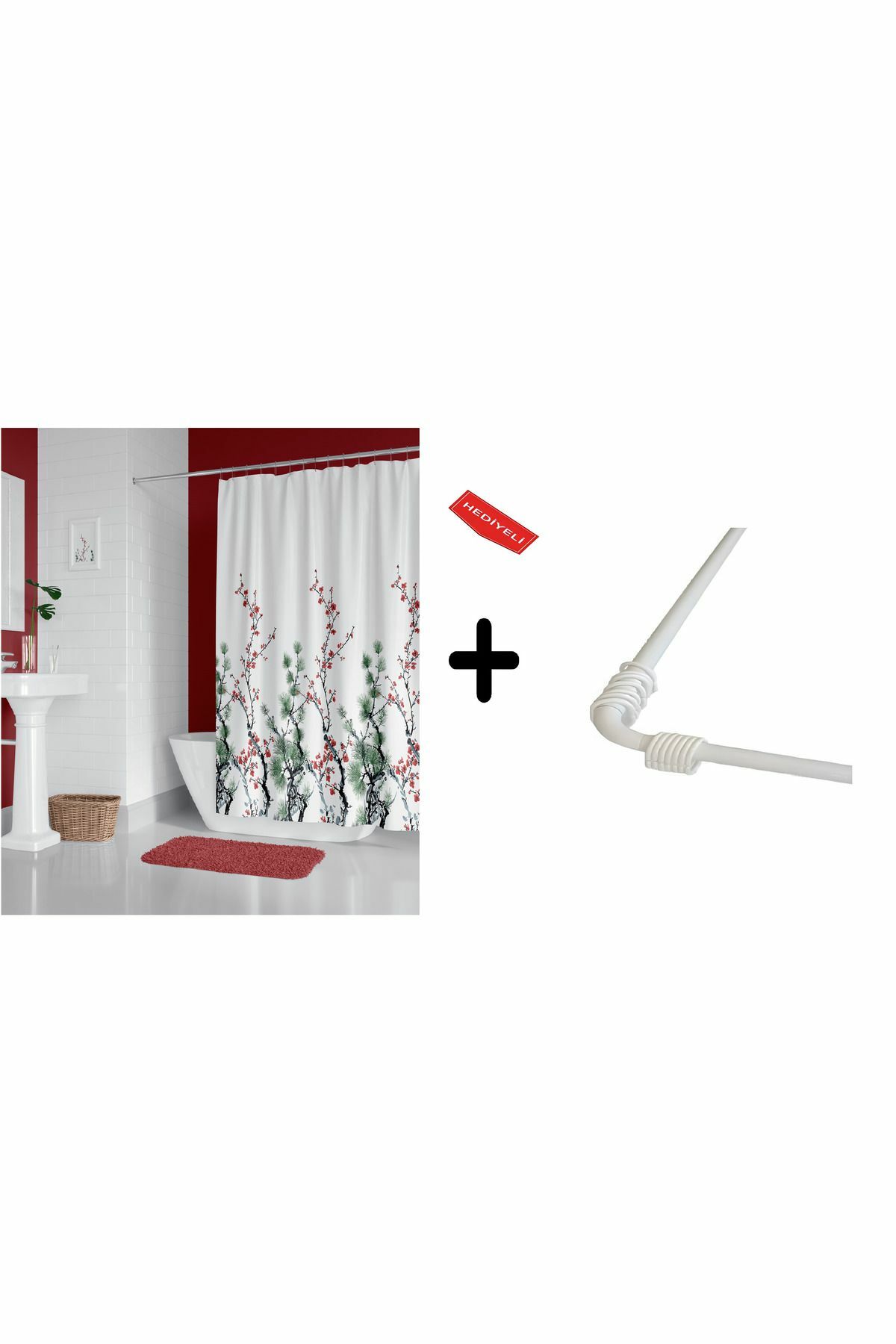Banyo Perdesi 7766 1x180x200, Perde Borusu Askı Aparatı Köşe Boru Beyaz Hediyeli, Duş Perdesi Seti