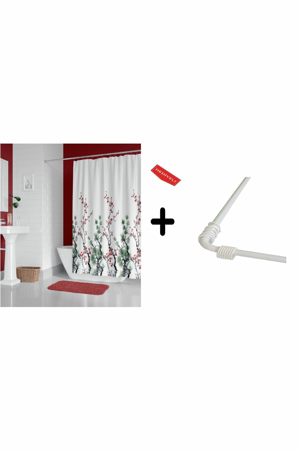 Banyo Perdesi 7766 1x180x200, Perde Borusu Askı Aparatı Köşe Boru Beyaz Hediyeli, Duş Perdesi Seti