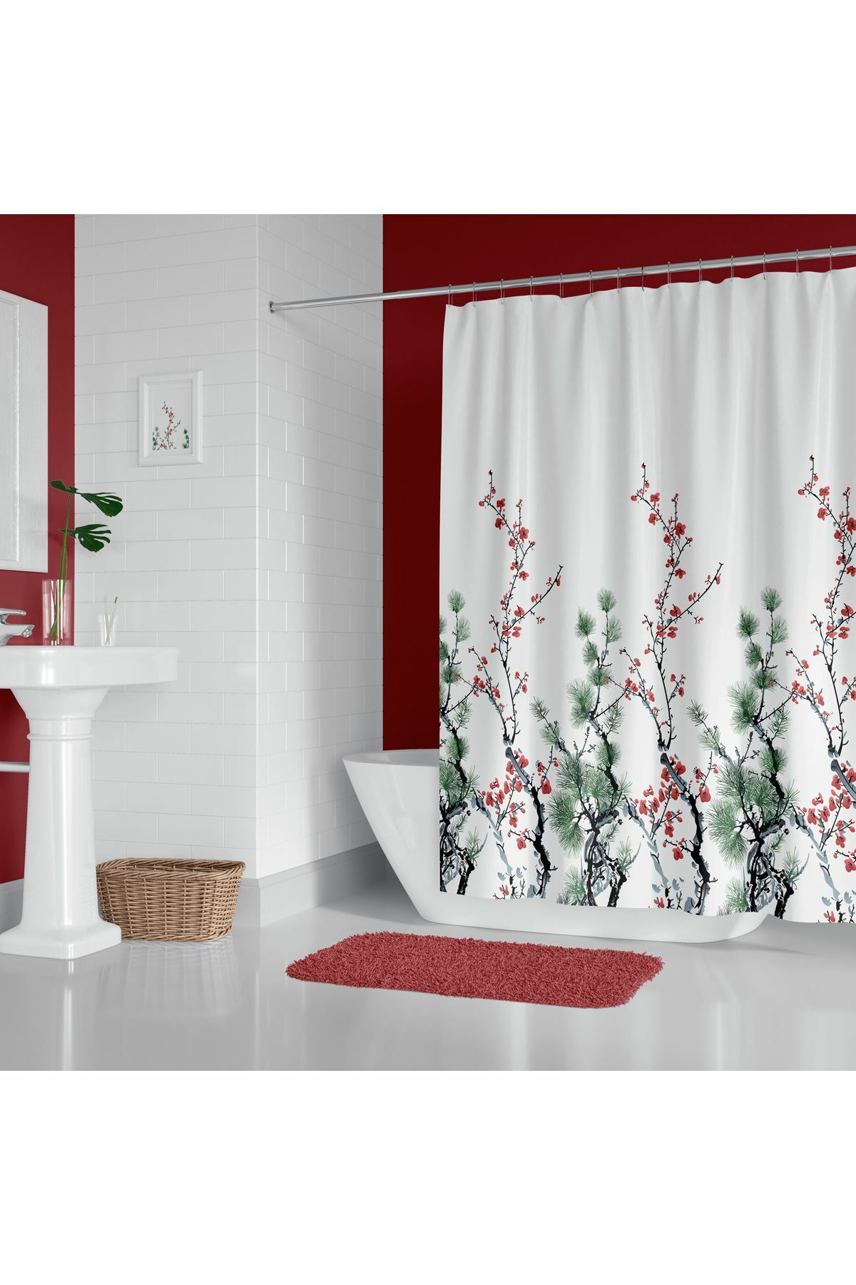Banyo Perdesi 7766 1x180x200, Perde Borusu Askı Aparatı Köşe Boru Beyaz Hediyeli, Duş Perdesi Seti