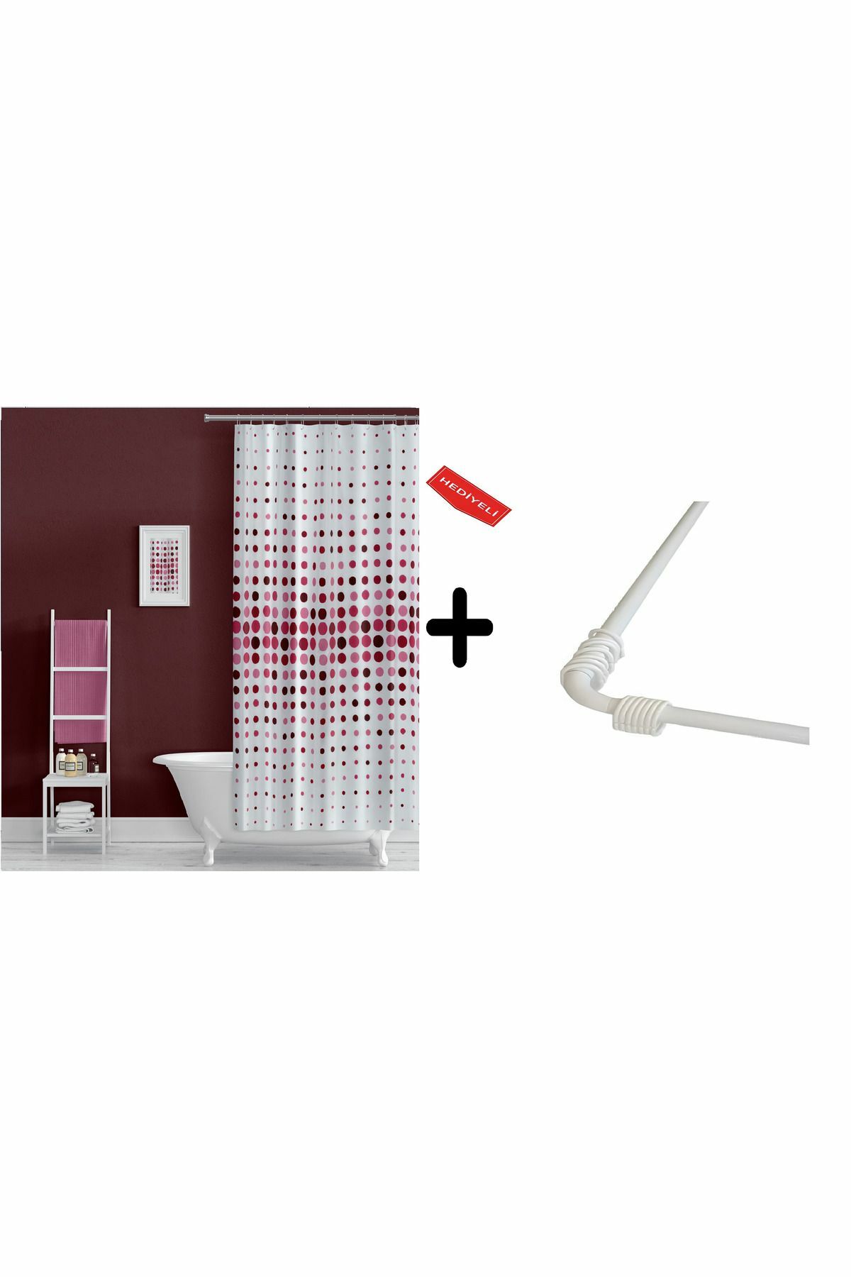 Banyo Perdesi Pembe 1x180x200, Perde Borusu Askı Aparatı Köşe Boru Beyaz Hediyeli, Duş Perdesi Seti