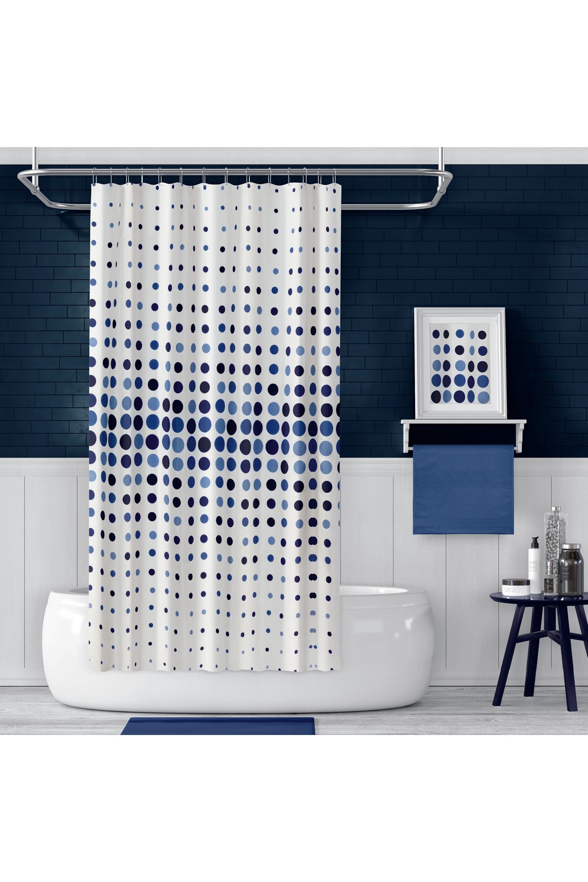 Banyo Perdesi 4961 Mavi 1x180x200, Perde Borusu Askı Aparatı Köşe Boru Beyaz Hediyeli, Duş Perdesi Seti