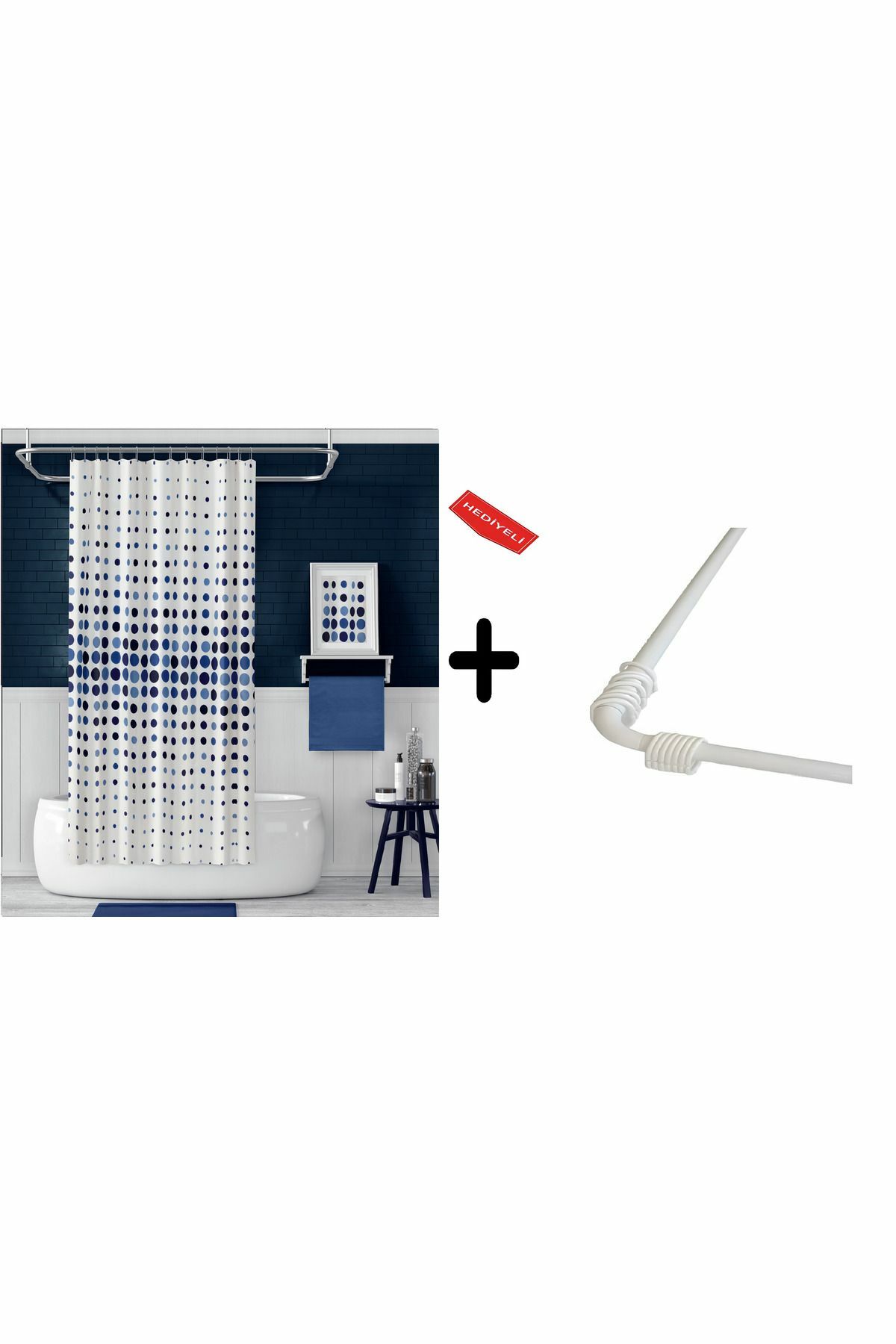 Banyo Perdesi Mavi 2x110x200, Perde Borusu Askı Aparatı Köşe Boru Beyaz Hediyeli, Duş Perdesi Seti