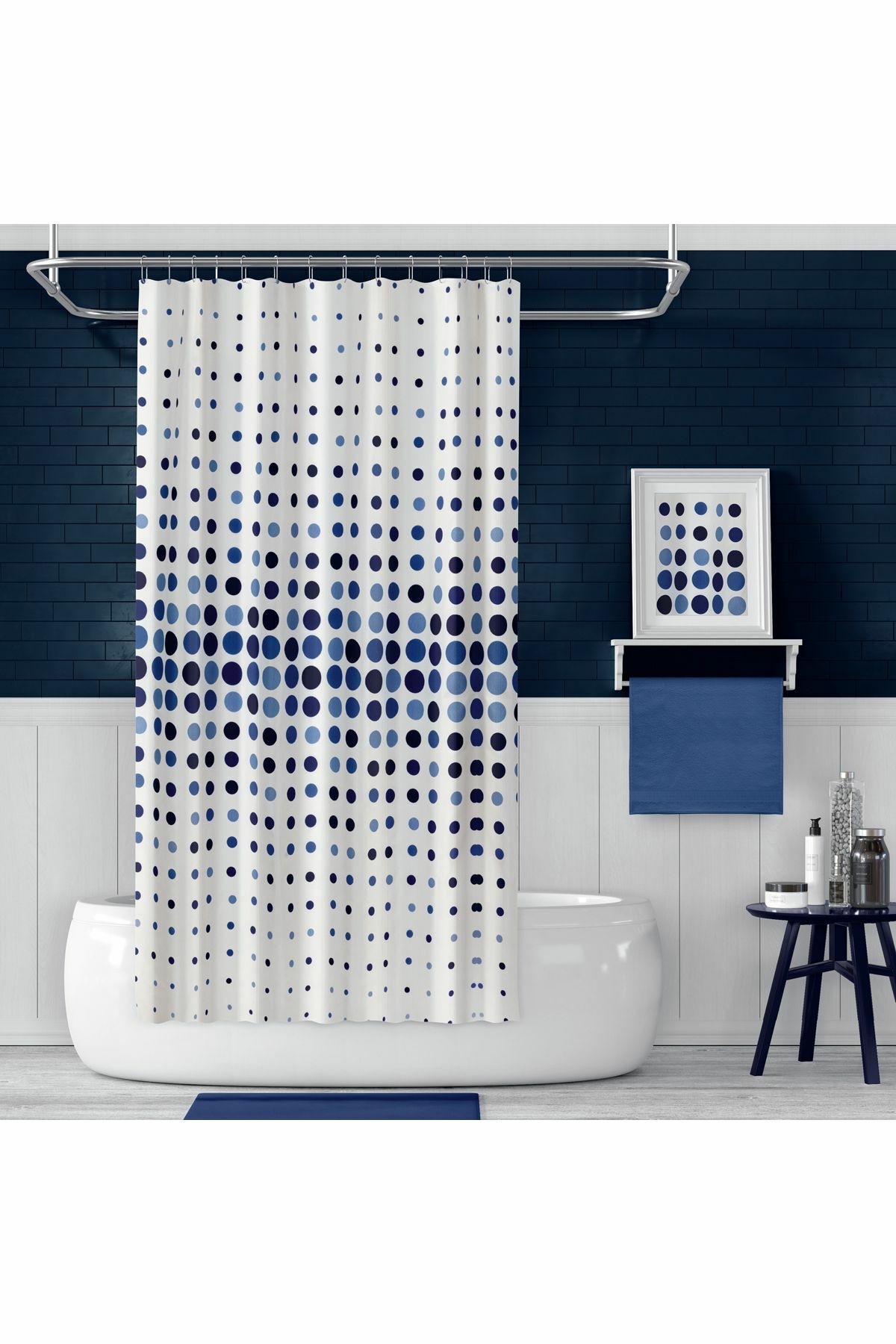 Banyo Perdesi Mavi 2x110x200, Perde Borusu Askı Aparatı Köşe Boru Beyaz Hediyeli, Duş Perdesi Seti