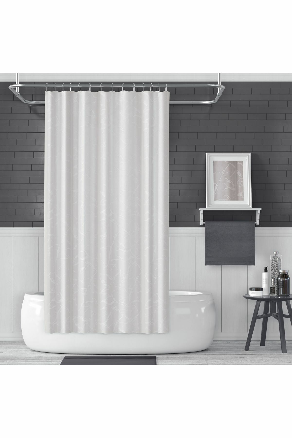 Banyo Perdesi 5026 1x180x200, Perde Borusu Askı Aparatı Köşe Boru Beyaz Hediyeli, Duş Perdesi Seti