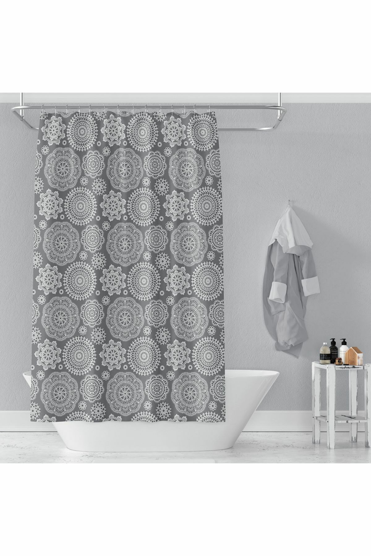 Banyo Perdesi 2882 1x180x200, Perde Borusu Askı Aparatı Köşe Boru Beyaz Hediyeli, Duş Perdesi Seti