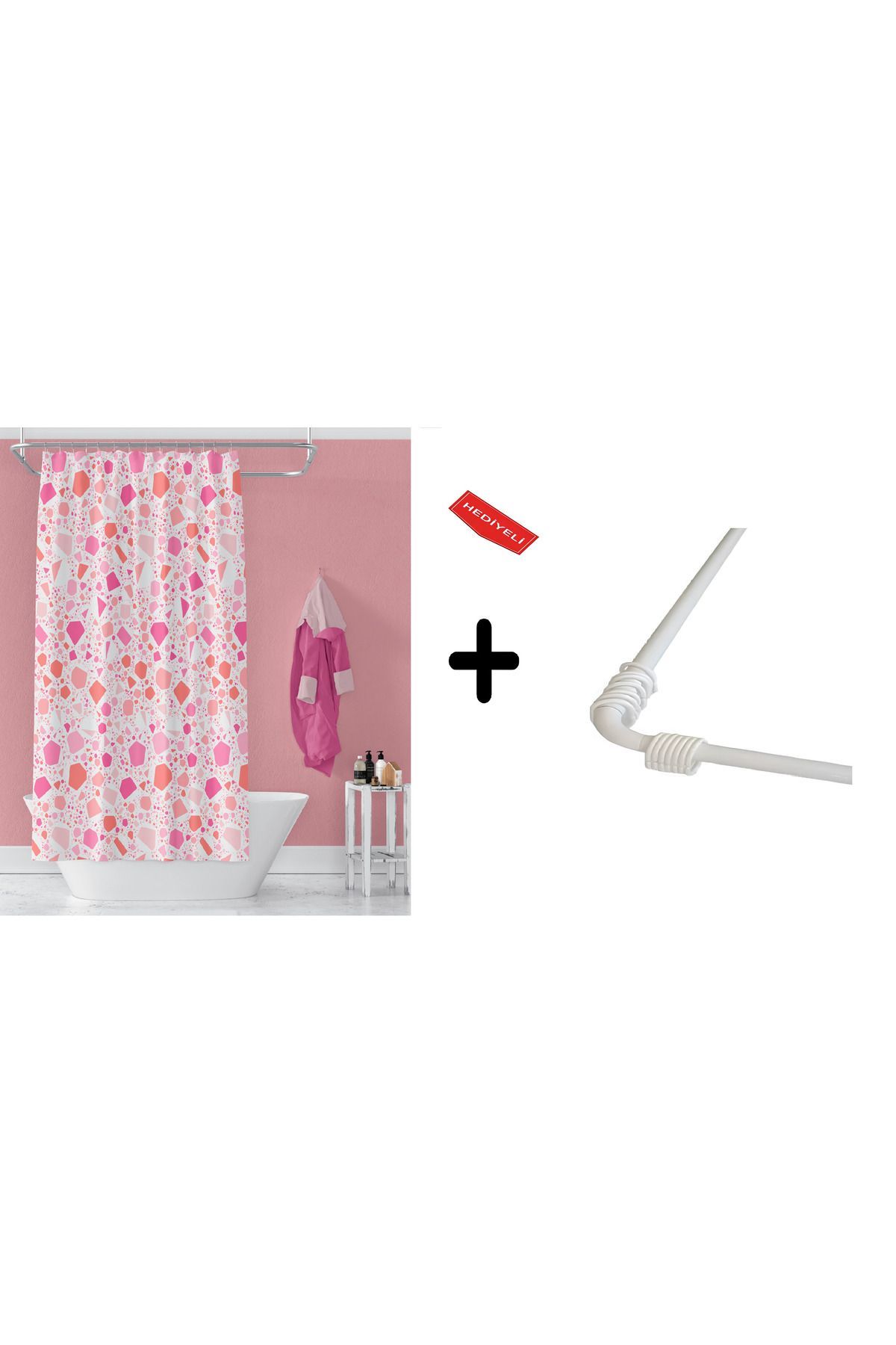 Banyo Perdesi 6811 1x180x200, Perde Borusu Askı Aparatı Köşe Boru Beyaz Hediyeli, Duş Perdesi Seti