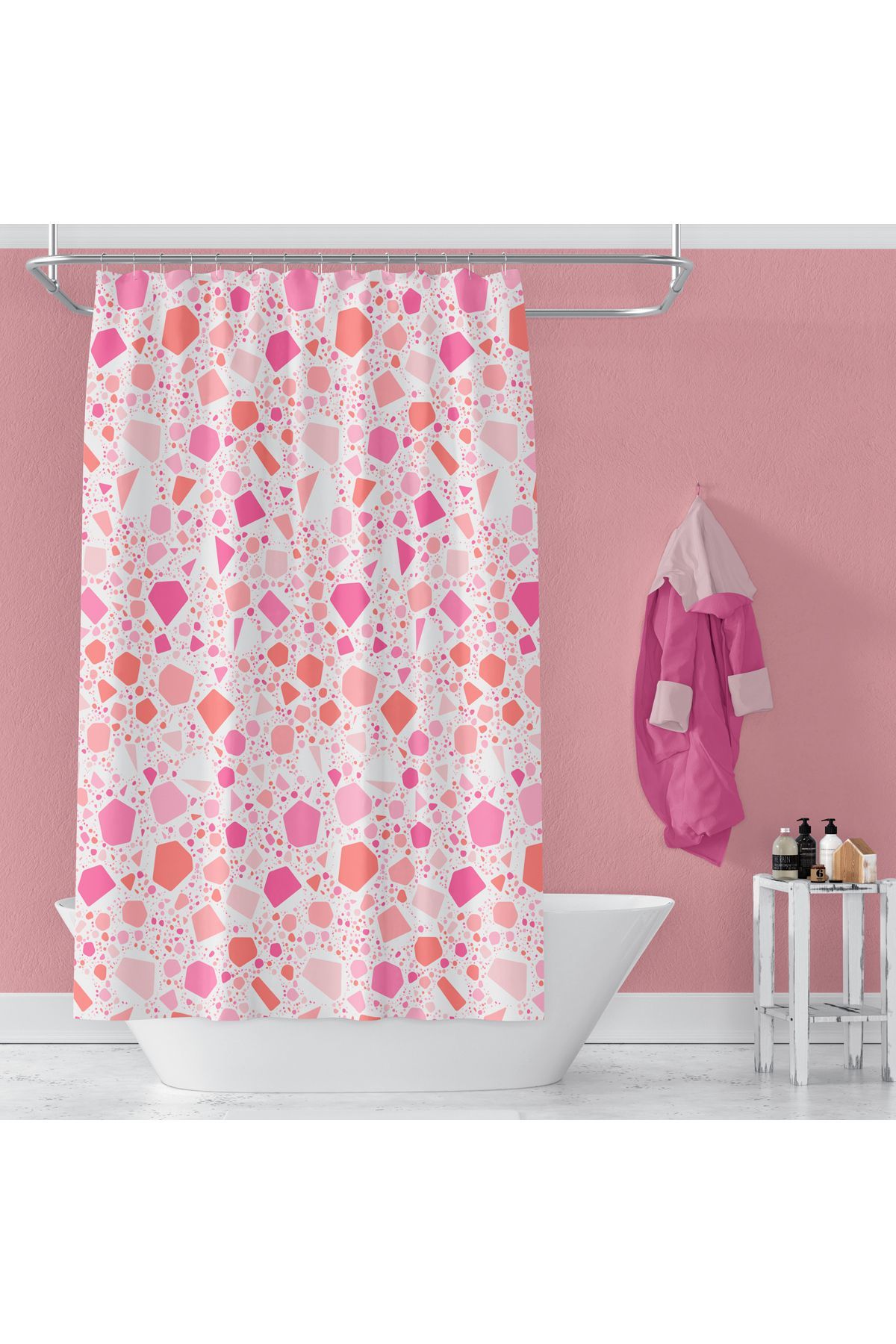 Banyo Perdesi 6811 1x180x200, Perde Borusu Askı Aparatı Köşe Boru Beyaz Hediyeli, Duş Perdesi Seti