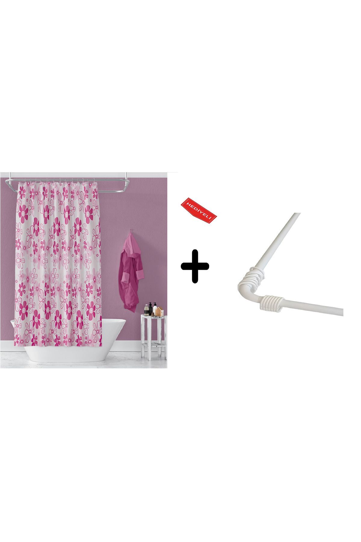 Banyo Perdesi 2224 2x100x200, Perde Borusu Askı Aparatı Köşe Boru Beyaz Hediyeli, Duş Perdesi Seti
