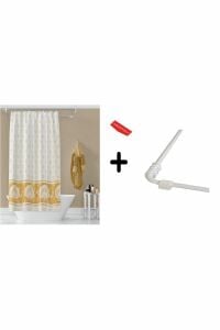 Banyo Perdesi 4077 2x100x200, Perde Borusu Askı Aparatı Köşe Boru Beyaz Hediyeli, Duş Perdesi Seti