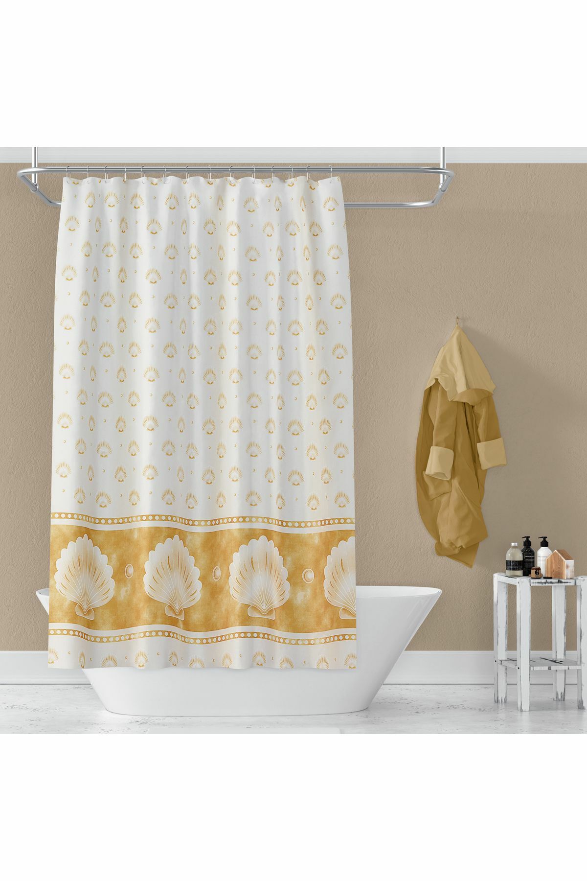 Banyo Perdesi 4077 2x100x200, Perde Borusu Askı Aparatı Köşe Boru Beyaz Hediyeli, Duş Perdesi Seti