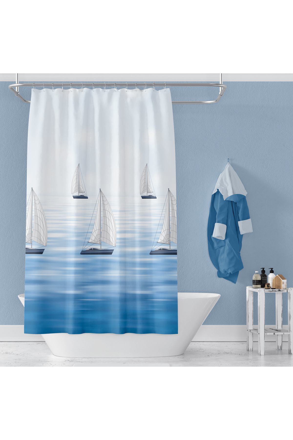 Banyo Perdesi 9889 1x180x200, Perde Borusu Askı Aparatı Köşe Boru Beyaz Hediyeli, Duş Perdesi Seti