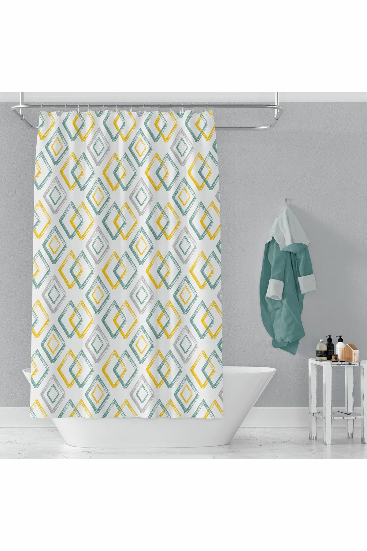 Banyo Perdesi 3589 1x180x200, Perde Borusu Askı Aparatı Köşe Boru Beyaz Hediyeli, Duş Perdesi Seti
