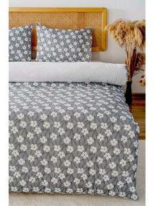 Gri Çift Kişilik Nevresim Takımı Pamuklu Çiçek Desenli Henna 200x215 cm