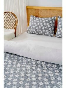 Gri Çift Kişilik Nevresim Takımı Pamuklu Çiçek Desenli Henna 200x215 cm
