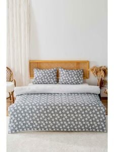 Gri Çift Kişilik Nevresim Takımı Pamuklu Çiçek Desenli Henna 200x215 cm