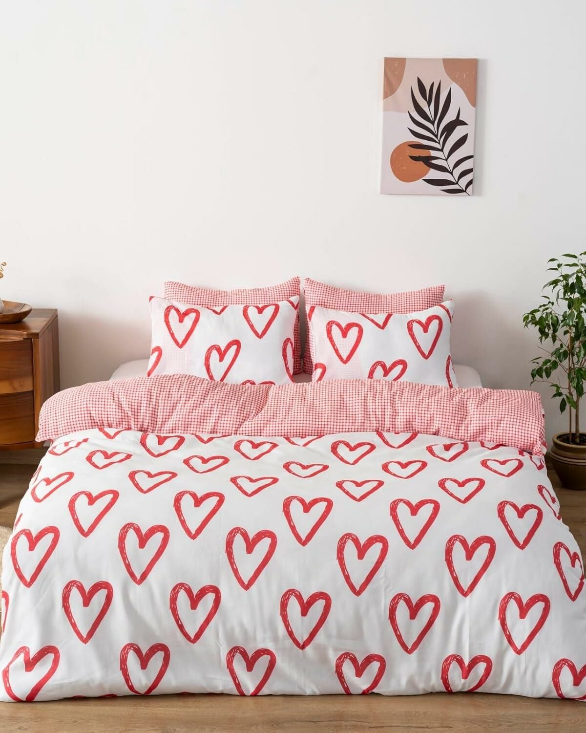 Beyaz Çift Kişilik Nevresim Takımı Pamuklu Desenli Ekose Kırmızı Kalpler 200x215 cm