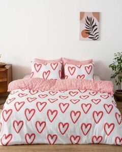 Beyaz Çift Kişilik Nevresim Takımı Pamuklu Desenli Ekose Kırmızı Kalpler 200x215 cm