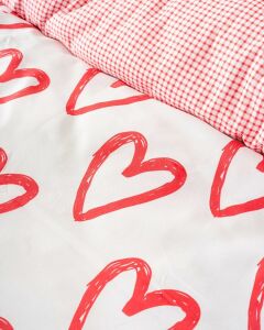 Beyaz Çift Kişilik Nevresim Takımı Pamuklu Desenli Ekose Kırmızı Kalpler 200x215 cm