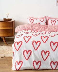 Beyaz Çift Kişilik Nevresim Takımı Pamuklu Desenli Ekose Kırmızı Kalpler 200x215 cm