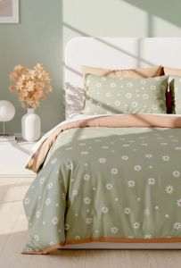 Yeşil Çift Kişilik Nevresim Takımı Pamuklu Desenli Papatya 200x215 cm