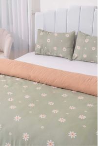 Yeşil Çift Kişilik Nevresim Takımı Pamuklu Desenli Papatya 200x215 cm