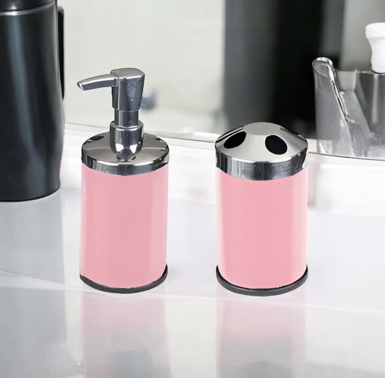 Zethome Paslanmaz Set Üstü Sıvı Sabunluk Ve Diş Fırçalık Set Pembe